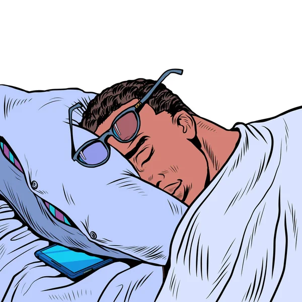 Een zwarte man slaapt met een bril, een telefoon ligt naast hem. Zakenman dagelijkse routine — Stockvector
