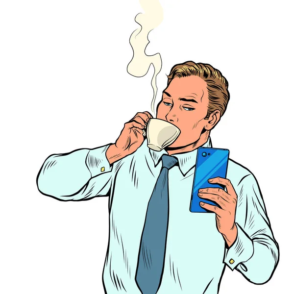 Zakenman die 's morgens koffie drinkt en smartphone leest, dagelijkse routine — Stockvector