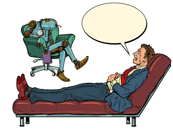 Bir hastayla psikoterapi seansında sıkılmış ve uyumuş bir robot psikoterapisti. — Stok Vektör