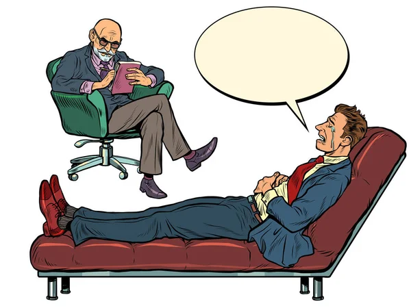 Una seduta di psicoterapia. Lo psicoterapeuta vede un uomo d'affari, il paziente è sdraiato sul divano — Vettoriale Stock
