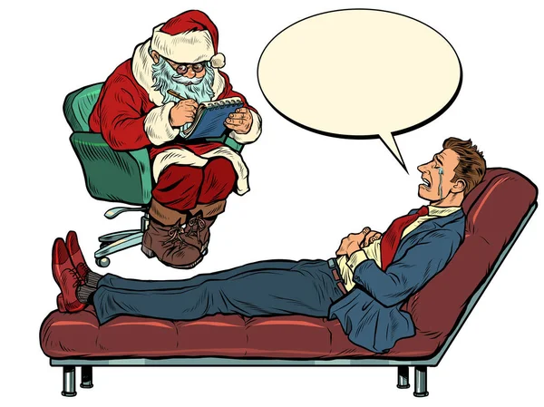 Une séance de psychothérapie de Noël. Le psychothérapeute père Noël voit un homme d'affaires, le patient est allongé sur le canapé — Image vectorielle