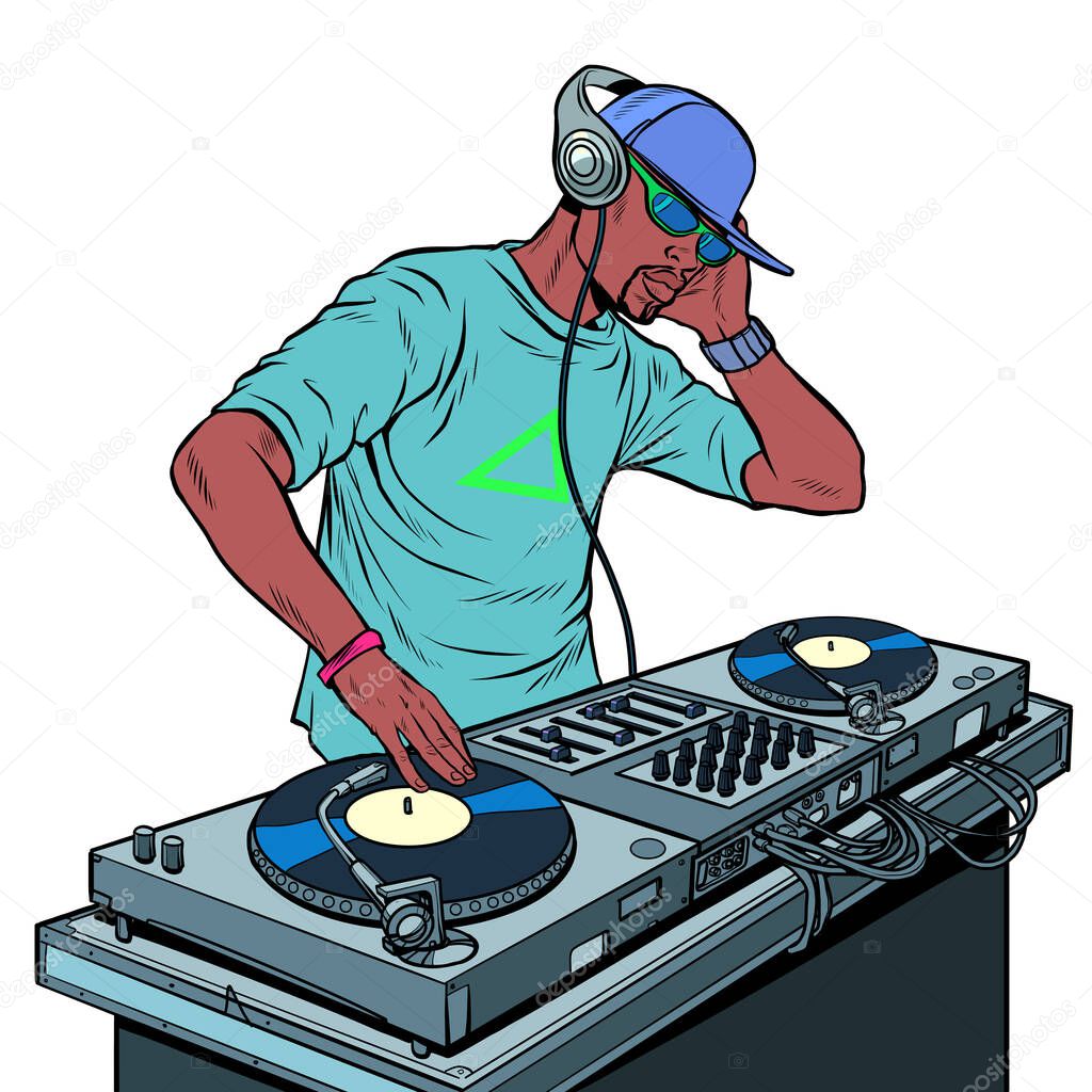 Black man dj on vinyl turntables. concert music performance