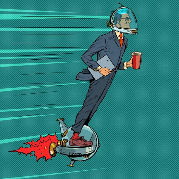 Futuristico uomo d'affari astronauta sta volando su un monociclo elettrico, un uomo sta bevendo caffè mattutino — Vettoriale Stock