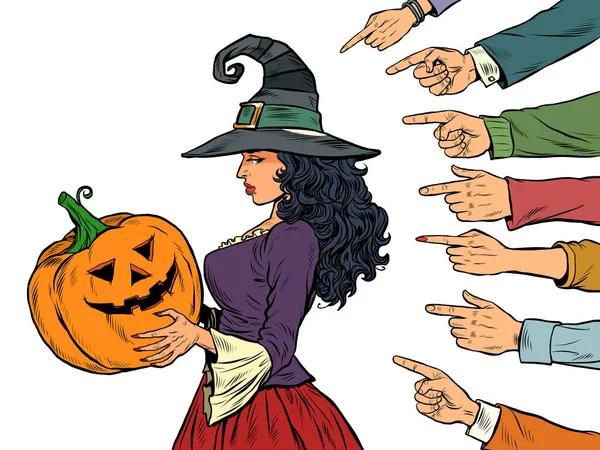 Bruxa com abóbora halloween, feriado sazonal, vergonha tema bullying vergonhoso. Isolar em um fundo branco — Vetor de Stock