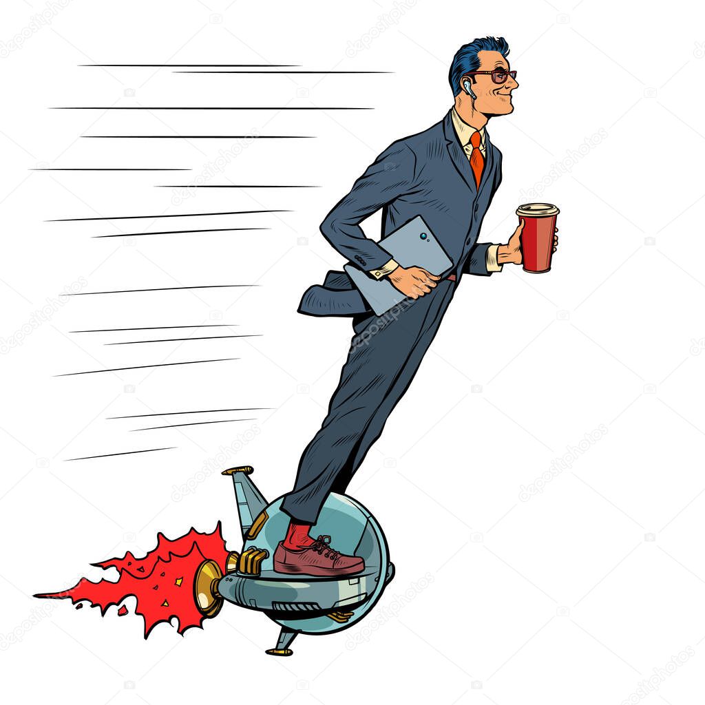 A futuristic businessman rides an electric unicycle, a man drinks morning coffee. Isolate on a white background