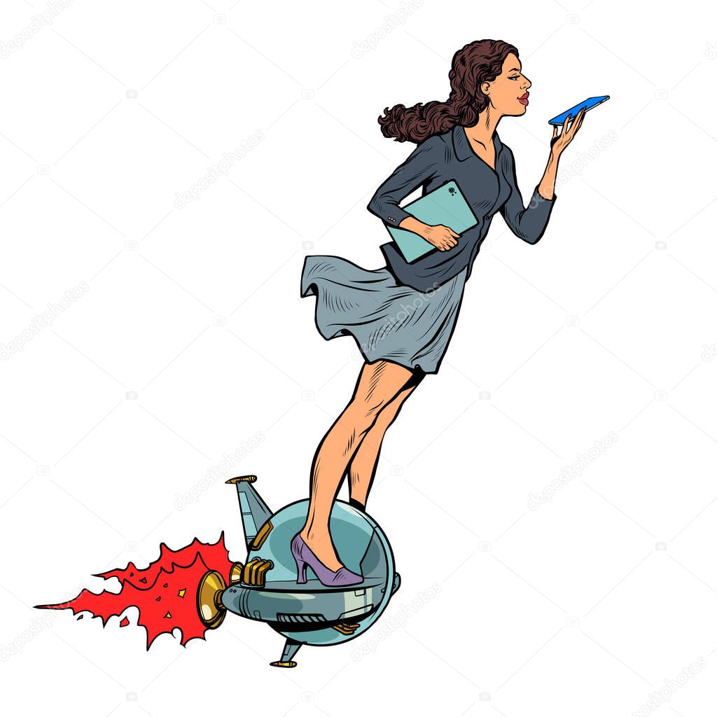 A futuristic businesswoman rides an electric jet unicycle, a woman communicates on a smartphone. Isolate on a white background