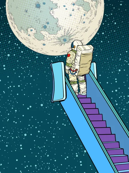 飛行機のランプの宇宙飛行士は宇宙に行くつもりだった。巨大な月と人類 — ストックベクタ