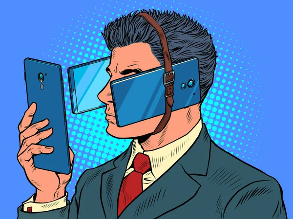 Realidad virtual Un hombre de negocios es un apasionado de los teléfonos inteligentes — Vector de stock