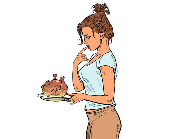 Woman with fried chicken or turkey, weight loss diet