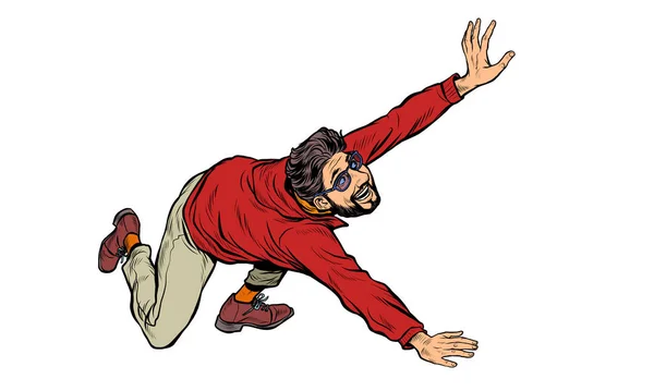 El joven corre y cae. Barbudo hipster estilo de vida activo — Vector de stock