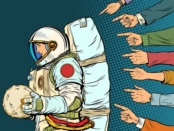 Um astronauta culpado com um planeta nas mãos. Todo mundo critica o cosmonauta —  Vetores de Stock