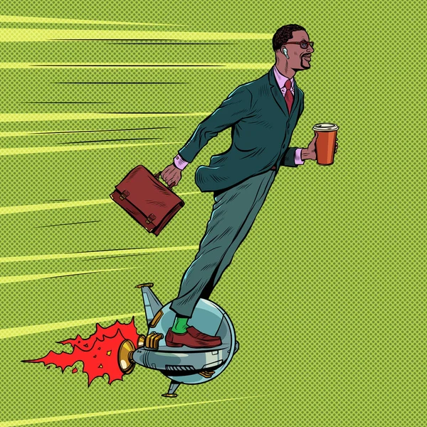 Un hombre de negocios negro futurista monta un monociclo eléctrico, un hombre bebe café de la mañana — Vector de stock