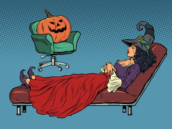 Vacanza di Halloween, sessione di psicoterapia, psicologo zucca tratta un paziente strega — Vettoriale Stock