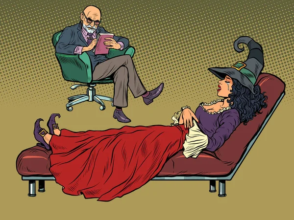 Bruja de Halloween en una sesión de psicoterapia, un médico psicólogo escucha a un personaje de cuento de hadas — Archivo Imágenes Vectoriales