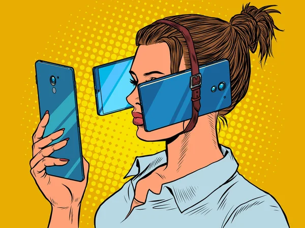 Donna nella realtà virtuale, smartphone. dipendenza da gadget elettronici — Vettoriale Stock