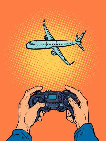 A man takes pictures of the plane. The photographer hands. Travel Gadgets — Stock Vector