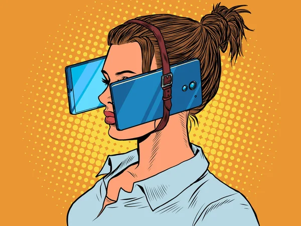 Женщина в виртуальной реальности, смартфоны. зависимость от электронных гаджетов — стоковый вектор