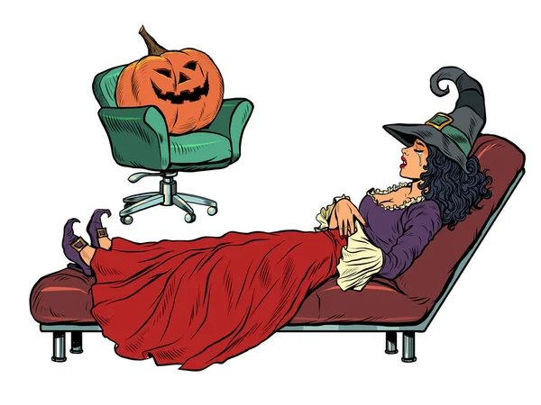 Halloween bruja y calabaza, sesión de psicoterapia. Trastorno psicológico estacional del otoño — Archivo Imágenes Vectoriales