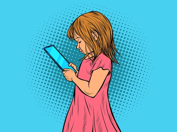 En liten flicka använder en smartphone. Elektroniska prylar och barn — Stock vektor