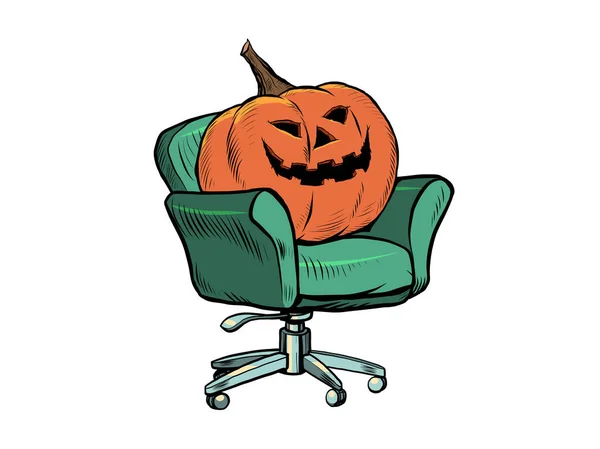 Halloween pumpkin is sitting in a chair. Isolate on a white background. Interviews, home comfort. Seasonal holiday — Stock Vector