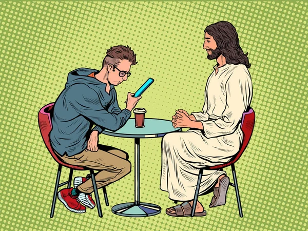 Jesús te está esperando, salvador y hombre ocupado en la mesa. Cristianismo y religión, predicación y fe — Vector de stock