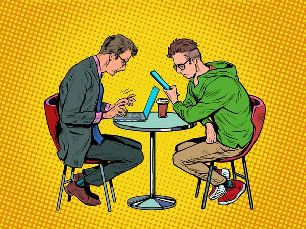 Két férfi egy kávézóban egy laptopon és egy okostelefonon dolgozik. Szabadúszó egy étteremben — Stock Vector
