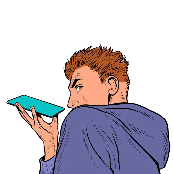 一个男人正在用扩音器用智能手机说话，横向地拿着电话 — 图库矢量图片
