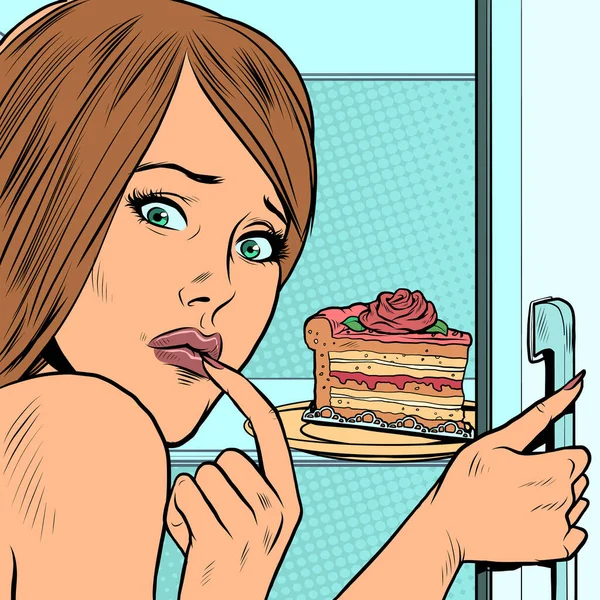 Une femme avec un morceau de gâteau près du réfrigérateur. La tentation du dessert — Image vectorielle