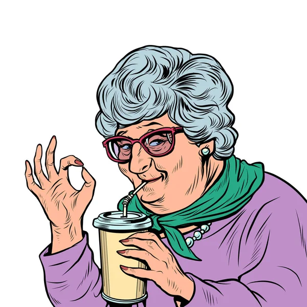 Anciana abuelita bebe una bebida de coca, ok gesto — Vector de stock