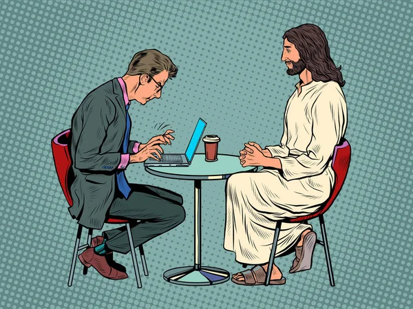 Jesús te está esperando, salvador y hombre ocupado en la mesa. Cristianismo y religión, predicación y fe — Vector de stock