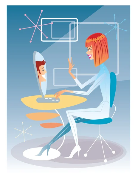 Young woman talking on the computer with the young man futuristi — Stock Vector