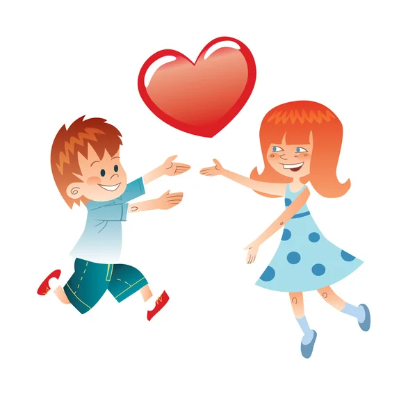 爱的男孩和女孩，红色的心 — 图库矢量图片