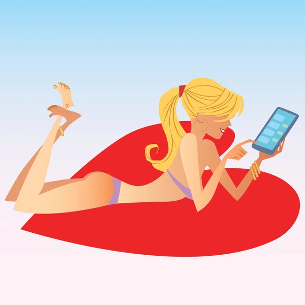 La fille blonde en maillot de bain traite sur smartphone — Image vectorielle