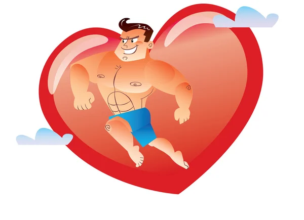 Macho mit nacktem Oberkörper auf dem Hintergrund rotes Herz — Stockvektor