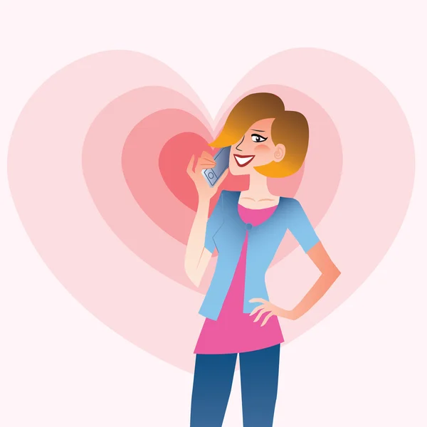 Young smiling woman talking on the phone heart — Stock Vector