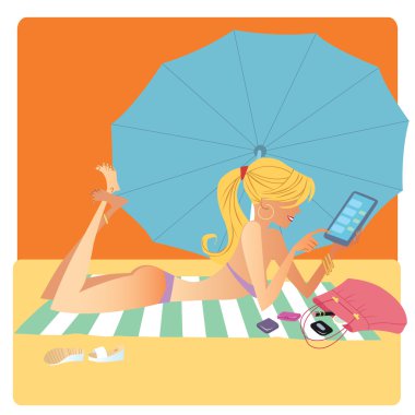 Smartphone cep telefonu ile Mat fırsatlar sahilde bikinili kız