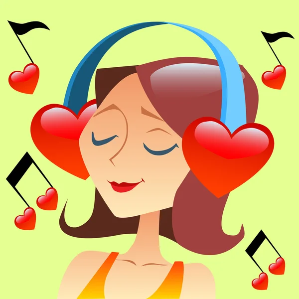 Girl listening to music with headphones in the form of a red hea — Stock Vector