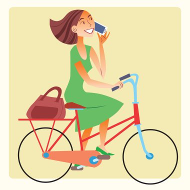 Bisiklete binmek ve smartphone üzerinde konuşurken genç kadın