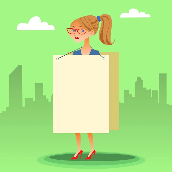 Businesswomen with a poster and place for text — Stock Vector