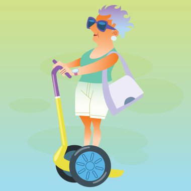 Tatil kadın emekli elektrikli scooter üzerinde gider
