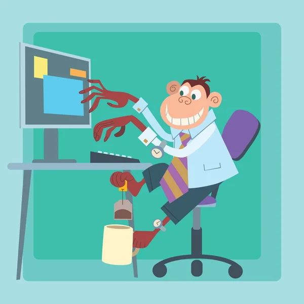 Office monkey working at the computer and making tea — Stock Vector