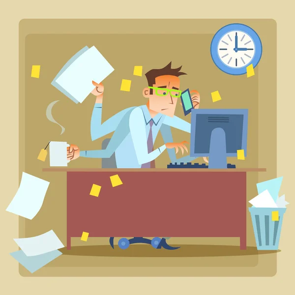 Επιχειρηματίας πολύ απασχολημένος κατά την εργασία — Διανυσματικό Αρχείο