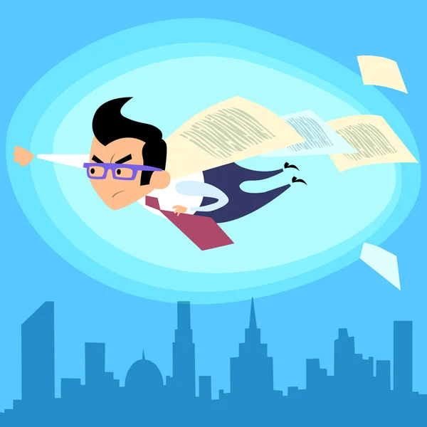 Businessman superhero flying over the city contract deal — Stock Vector