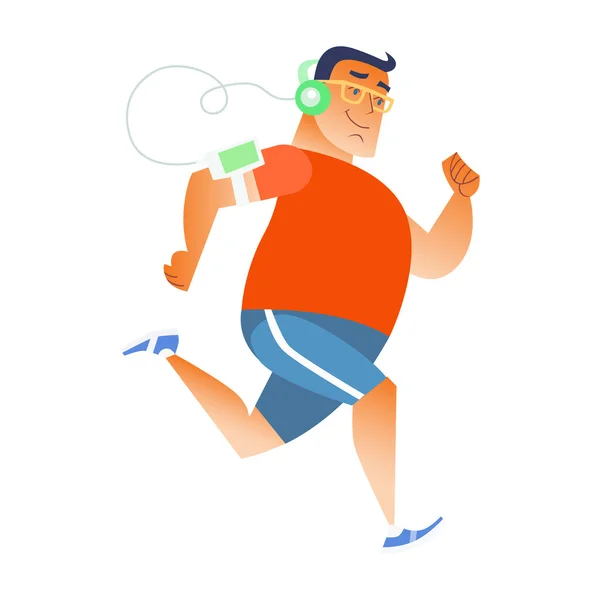 Fat man does running listening music player headphones — Stock Vector