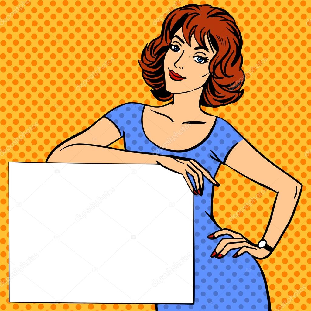 woman with poster place for text Pop art vintage comic