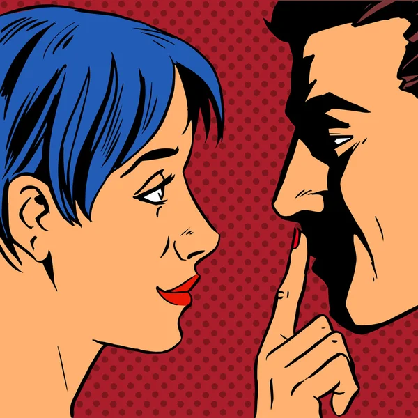 Stop woman invita al hombre a quedarse con un dedo en los labios — Vector de stock