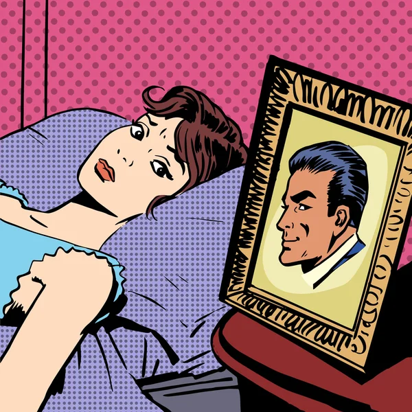 Mujer en la cama foto hombres esposa marido pop arte cómics estilo retro H — Vector de stock