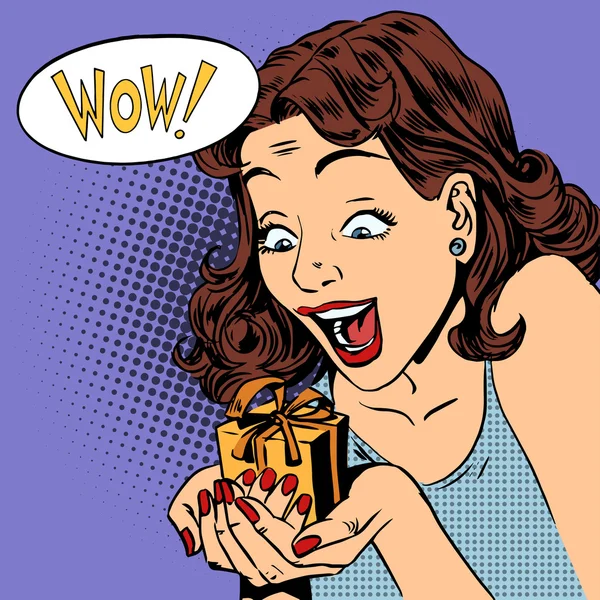 Mujer feliz regalo wow pop arte cómics estilo retro Halftone — Vector de stock