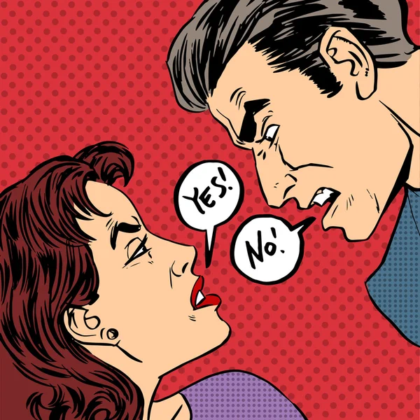 Muž žena zlobit hádku ano ne pop art komiksy ve stylu retro napůl — Stockový vektor