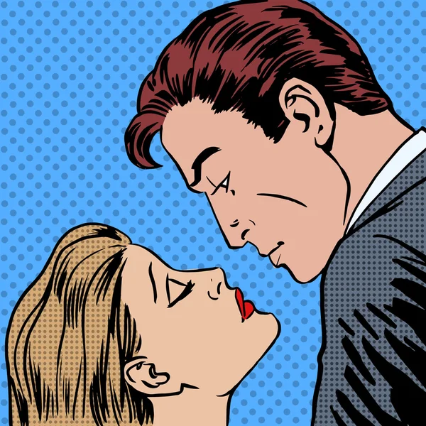 Amor homens e mulheres beijar pop arte quadrinhos estilo retro Halftone —  Vetores de Stock